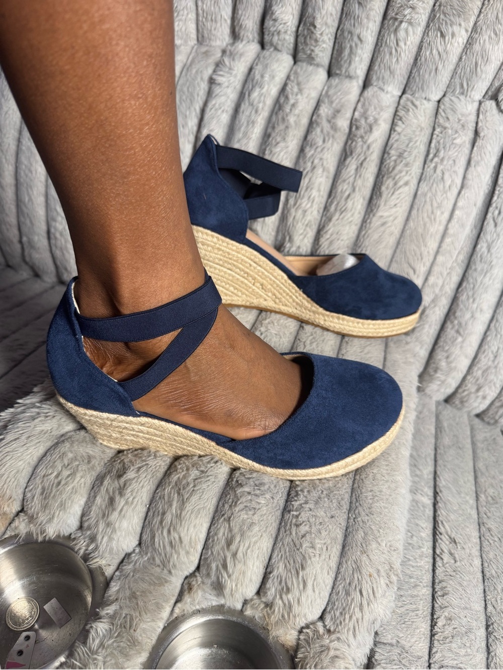 Navy Suede Espadrille Wedge with Ankle Wrap